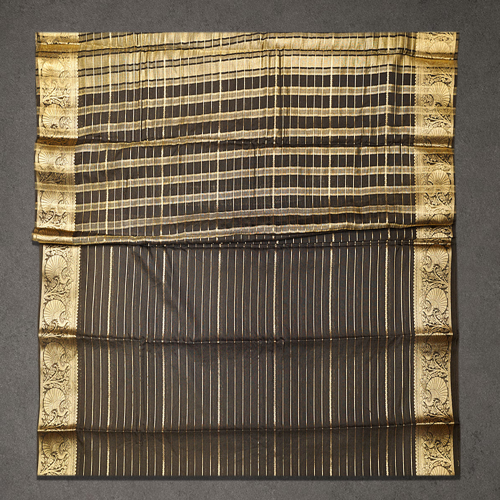 Black Cotton Crape Saree with Gold Stripes and Peacock Border