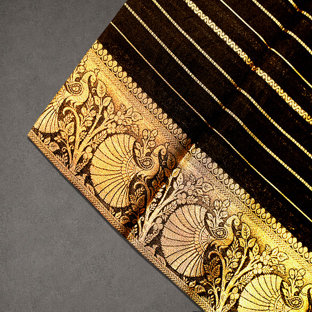 Black Cotton Crape Saree with Gold Stripes and Peacock Border