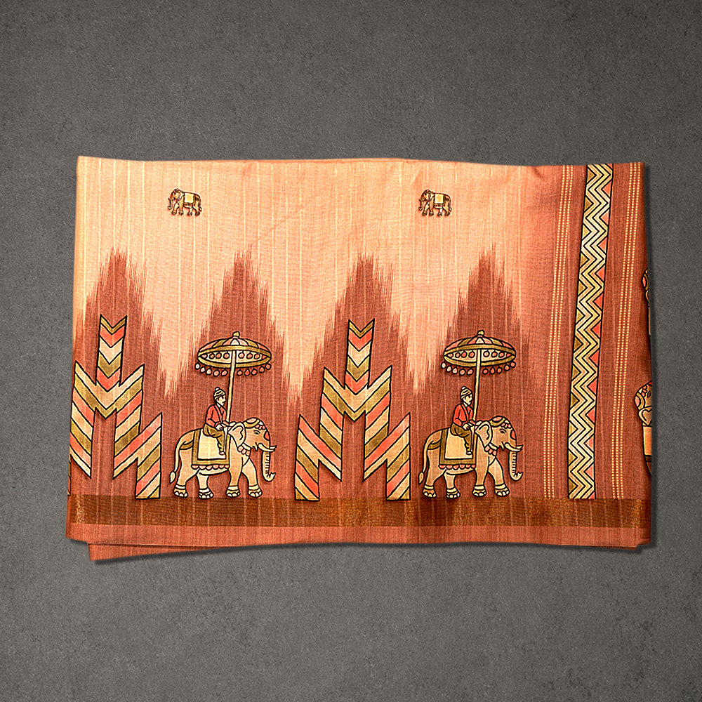 Peach Brown Fancy Pattu Silk Saree with Elephant Border