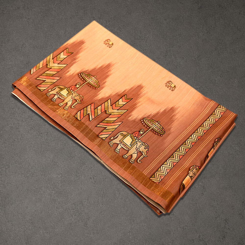 Peach Brown Fancy Pattu Silk Saree with Elephant Border