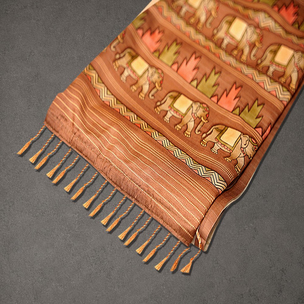 Peach Brown Fancy Pattu Silk Saree with Elephant Border