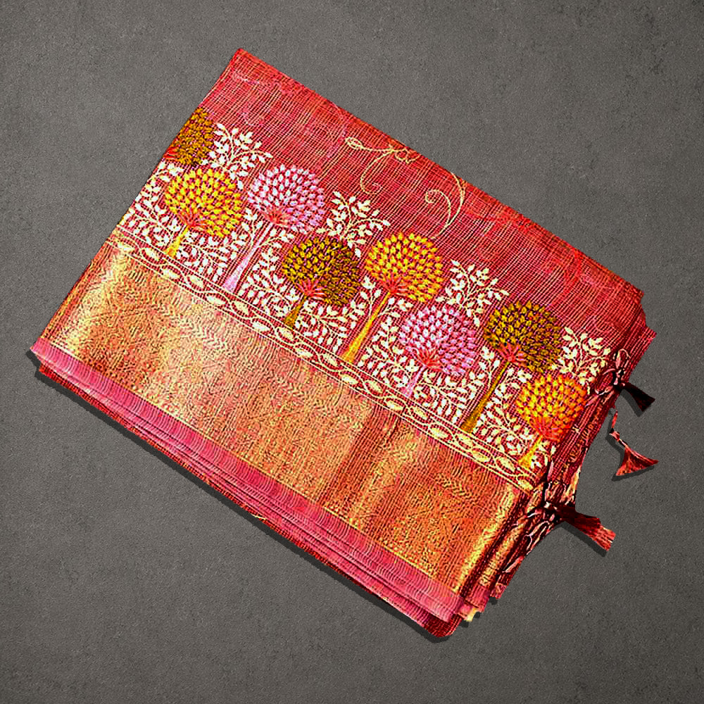 Pink Tissue Embroidery Fancy Saree with Floral Border