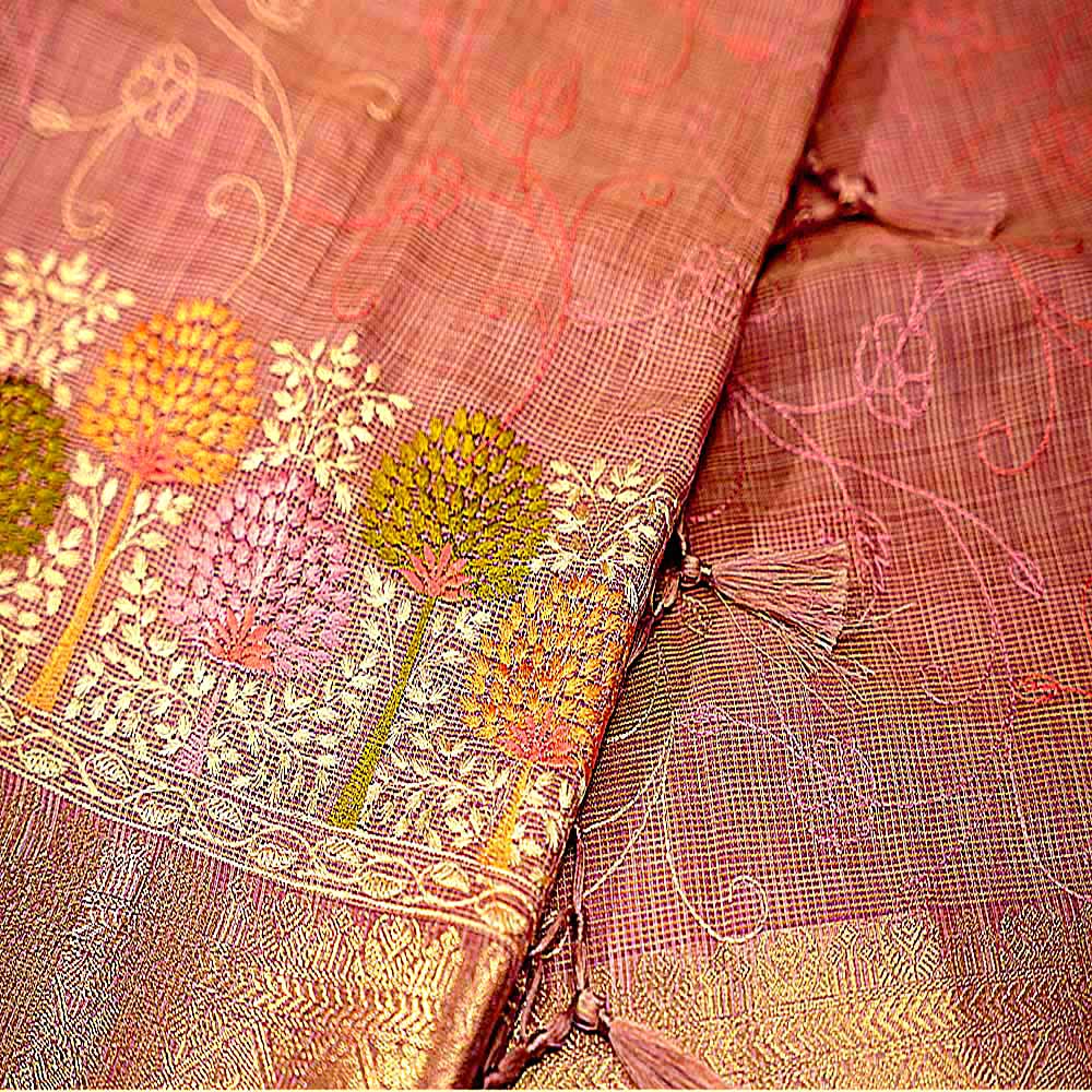 Pink Tissue Embroidery Fancy Saree with Floral Border
