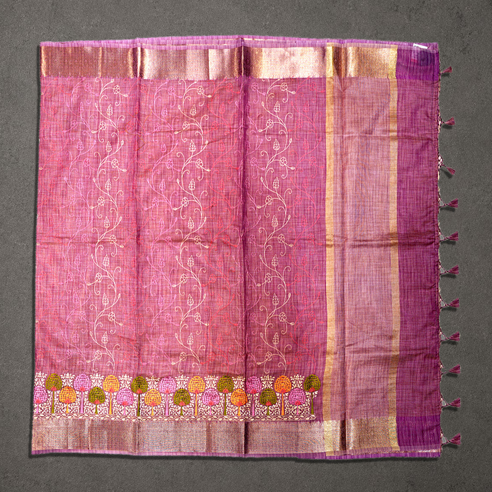 Pink Tissue Embroidery Fancy Saree with Floral Border