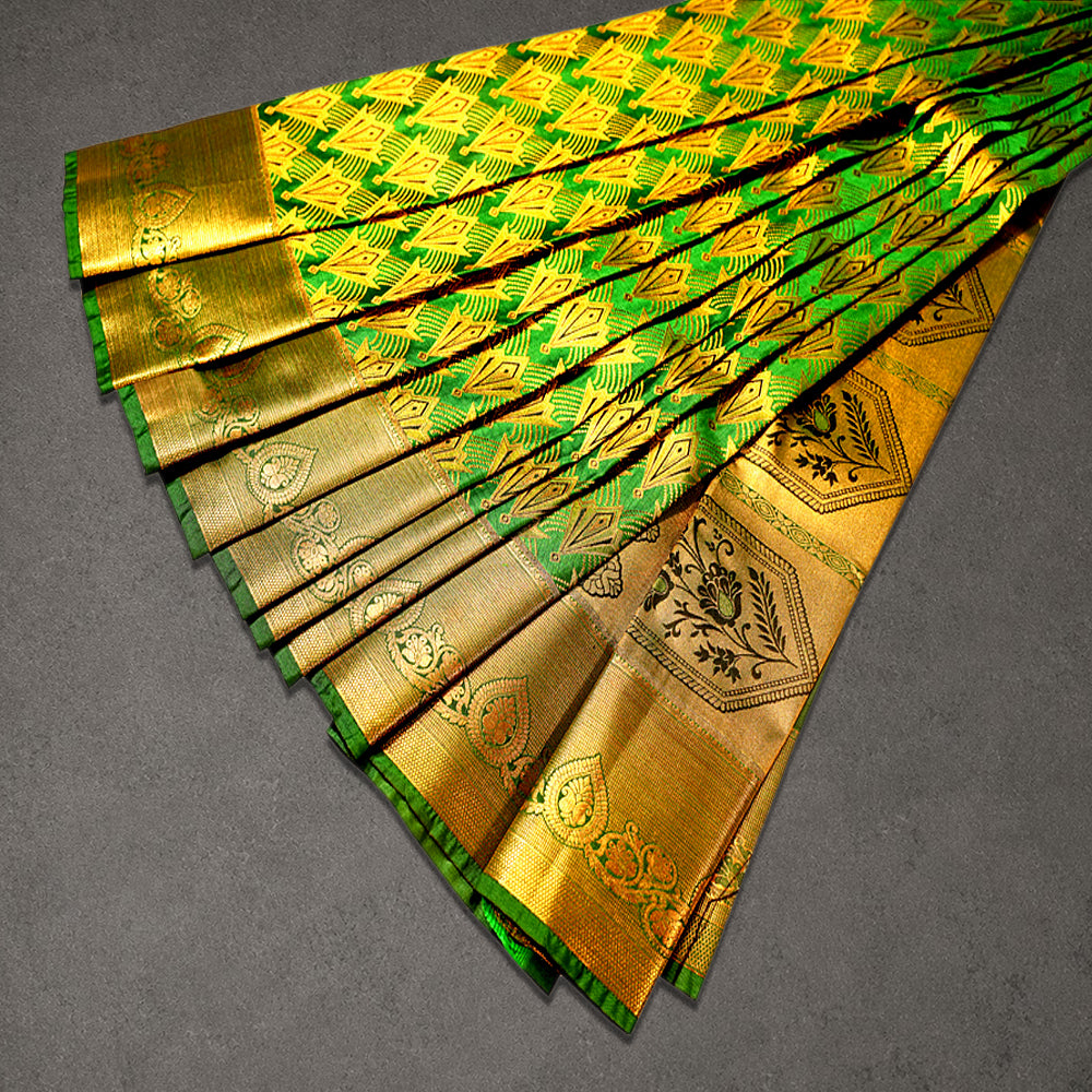 Green and Gold Art Silk Saree with Jacquard Body and Rich Zari Border