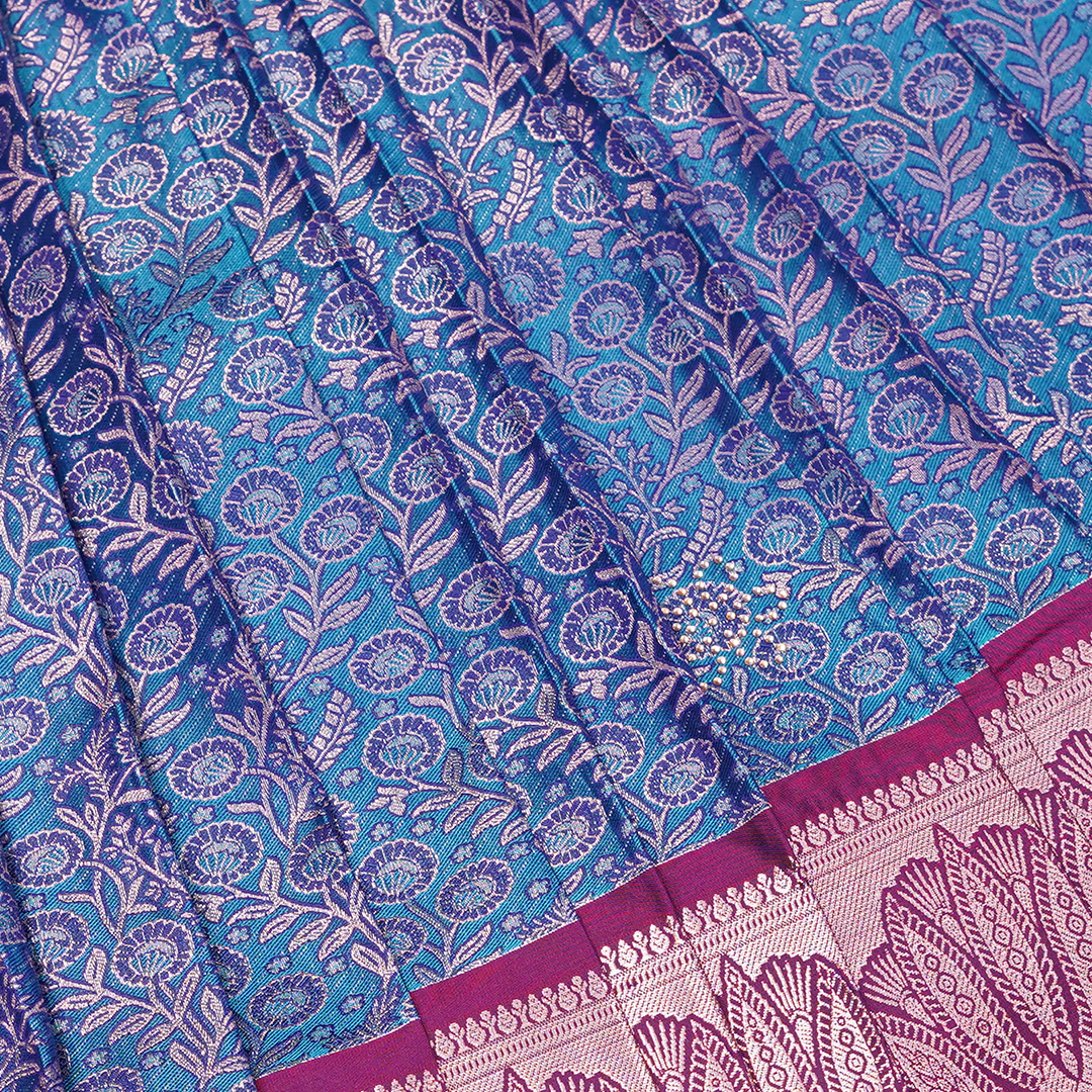 Mint Green Art Silk Saree with Checks Pattern, Floral Buttas and Contrast Copper Zari Border