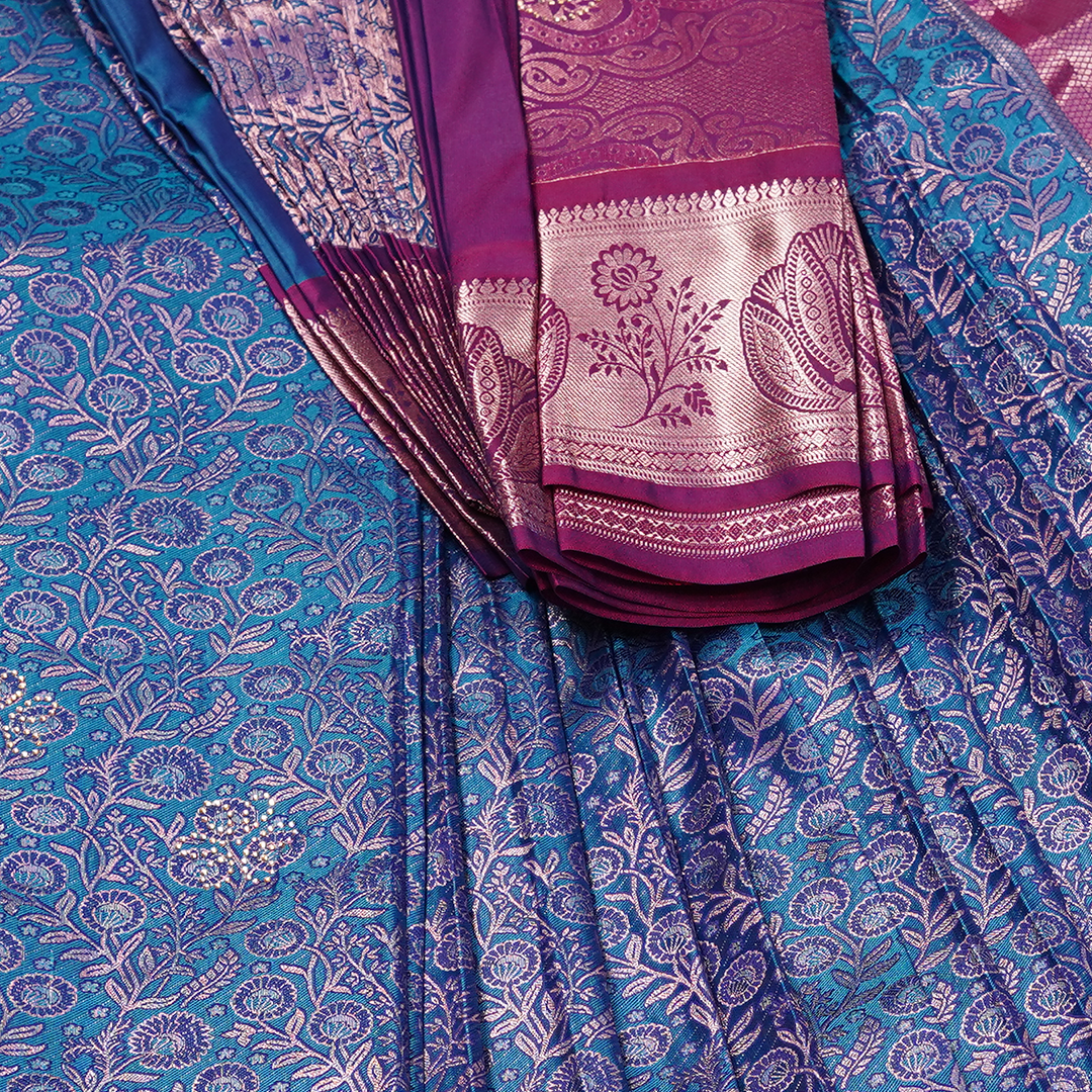 Mint Green Art Silk Saree with Checks Pattern, Floral Buttas and Contrast Copper Zari Border