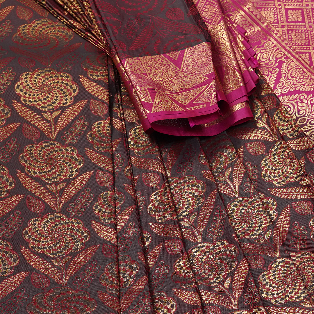 Aqua Blue Art Silk Saree with All-over Leaf Motifs and Lavender Zari Floral Border
