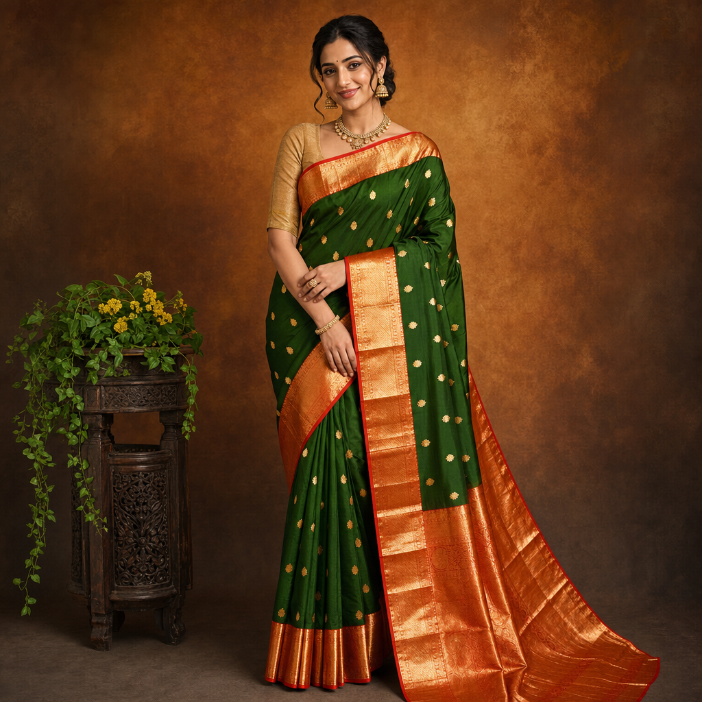 Dark Green Semi Silk Saree with Gold Buttas and Copper Zari Border