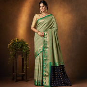 Purple and Green Semi Silk Jacquard Saree with Floral Border