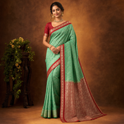 Green Silk Cotton Saree with Kotta Jari Self Design and Contrast Red Border