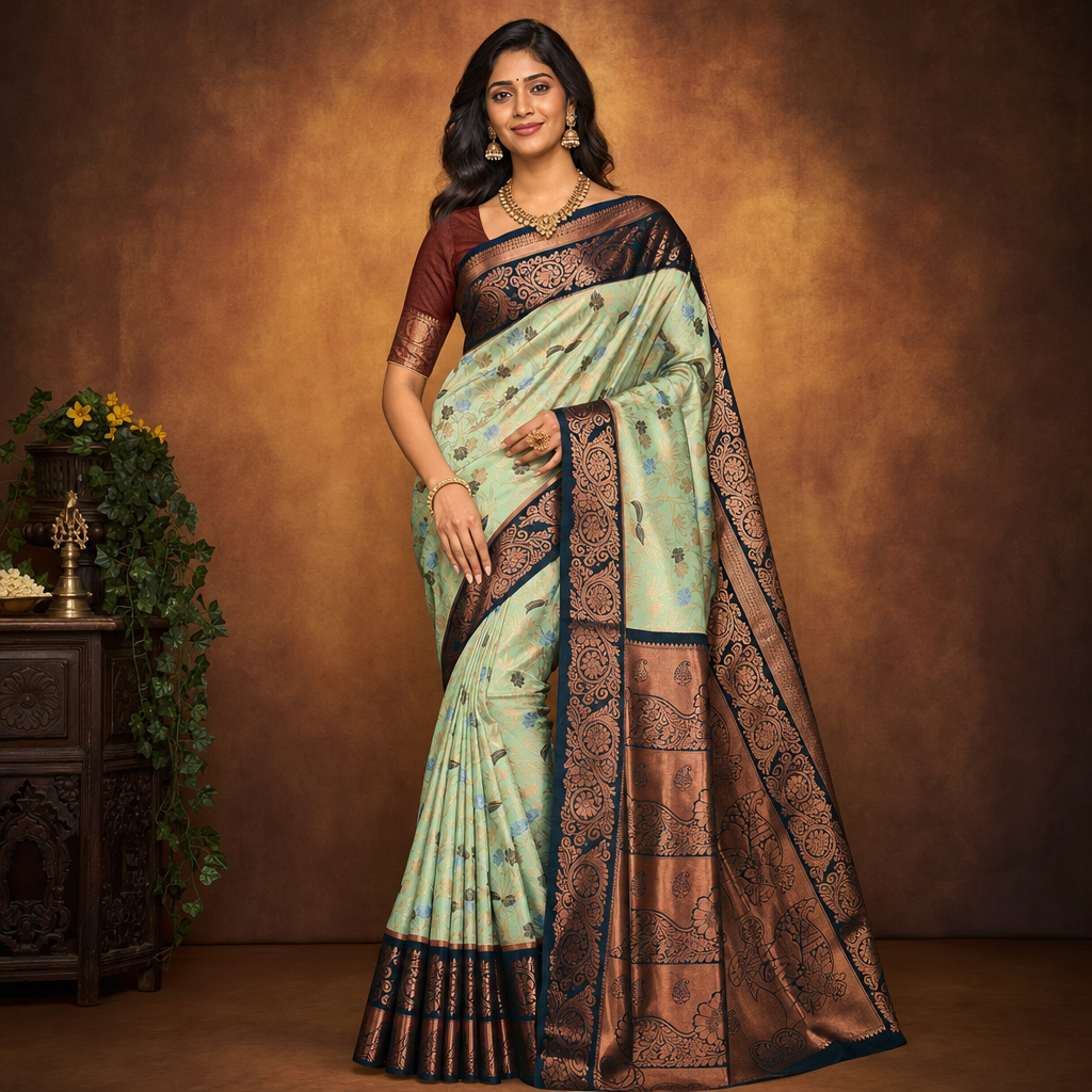 Dark Teal and Copper Art Silk Pattu Saree with Stone Work