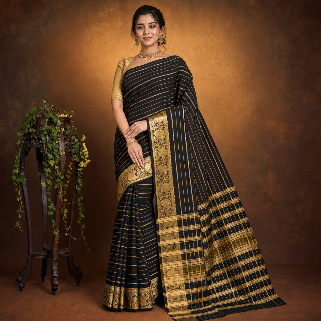 Black Cotton Crape Saree with Gold Stripes and Peacock Border