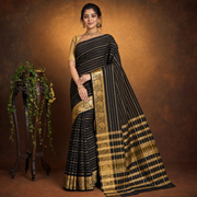 Black Cotton Crape Saree with Gold Stripes and Peacock Border