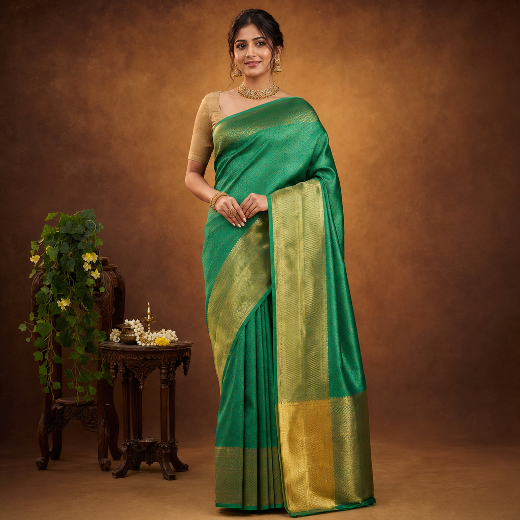Green Pure Silk Pattu Saree with Gold Jari Butta and Rich Border