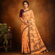 Peach Cotton Fancy Saree with Elephant Motif Border