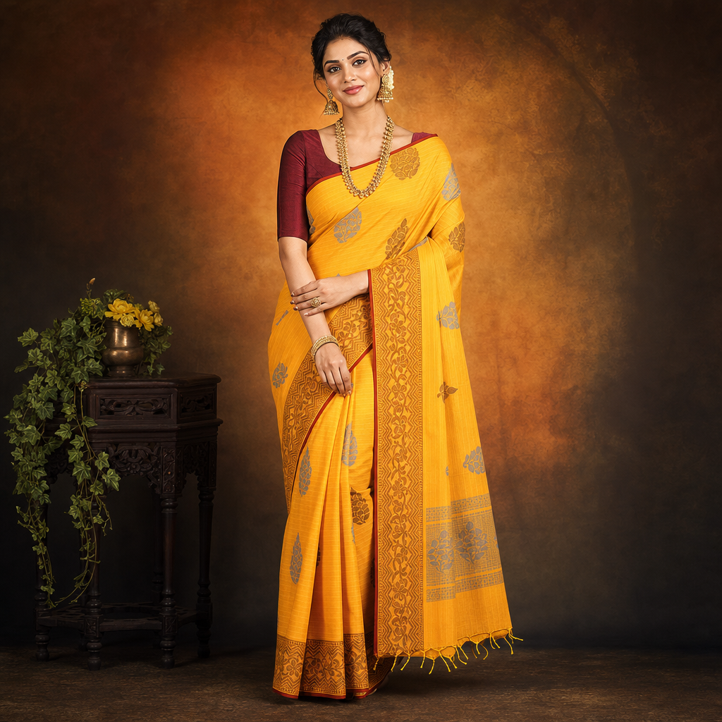 Yellow Cotton Saree with Floral Motif Body and Jacquard Border