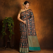 Coffee Brown Silk Cotton Saree with Floral Self Design and Contrast Border
