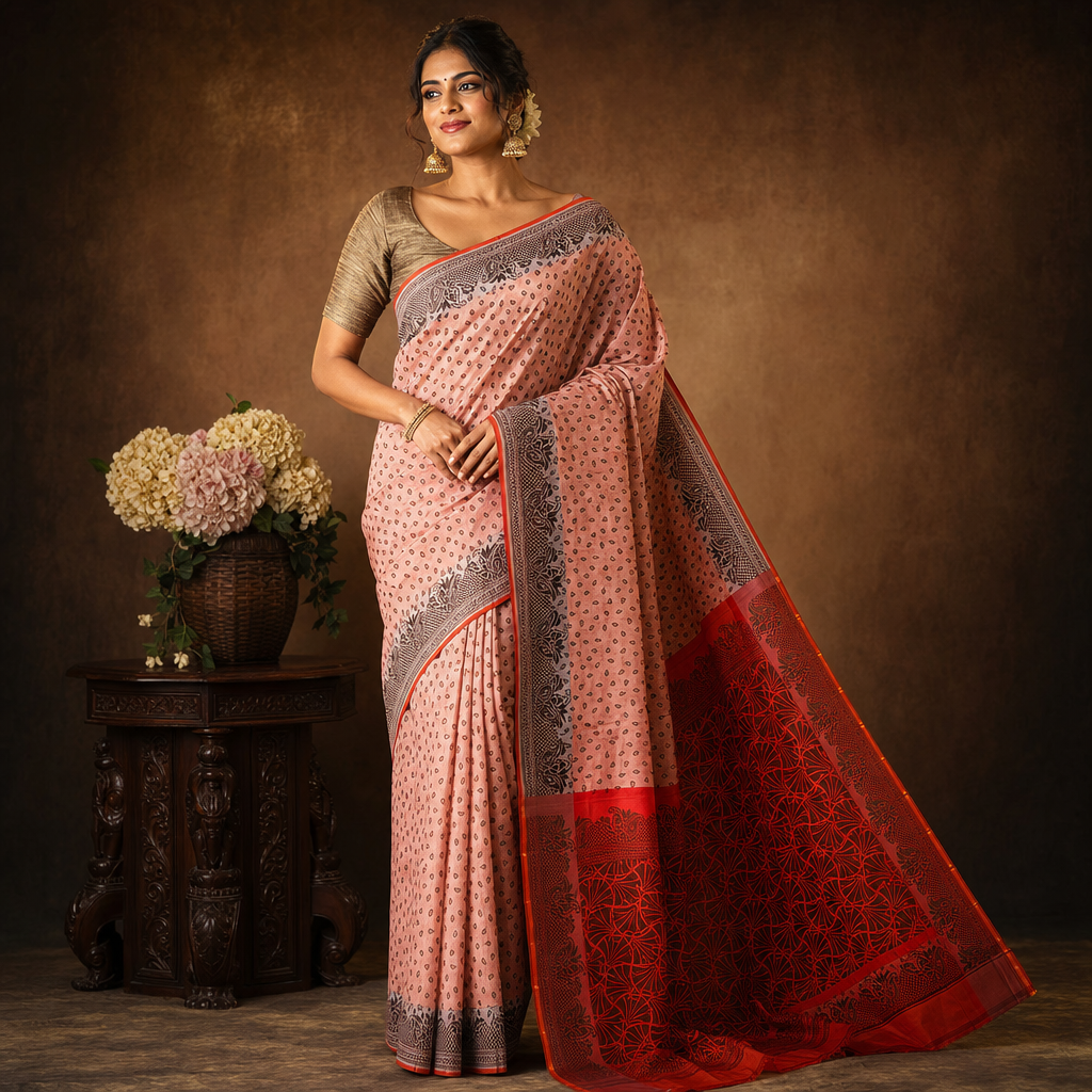 Coffee Brown Silk Cotton Saree with Red Contrast Pallu
