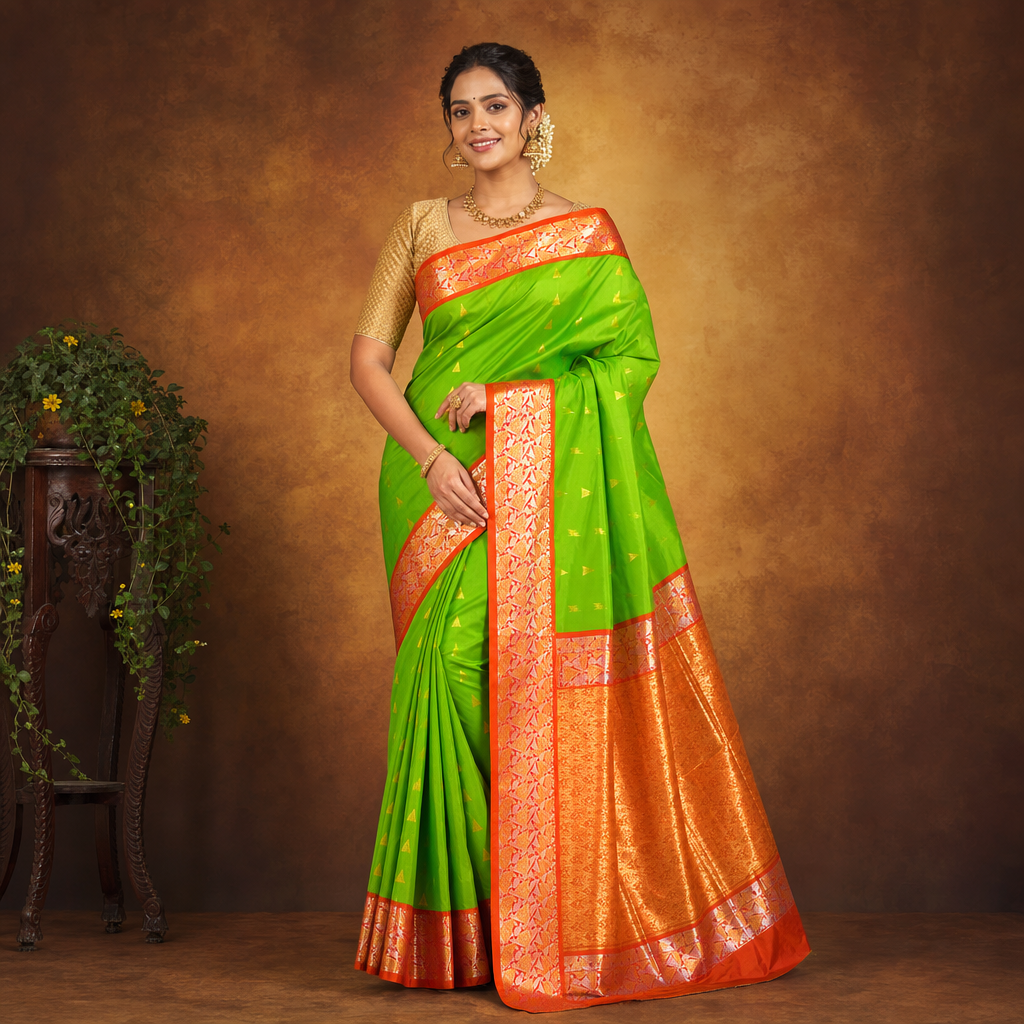 Green and Orange Semi Silk Jacquard Saree with Contrast Border