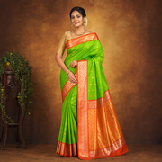 Green and Orange Semi Silk Jacquard Saree with Contrast Border
