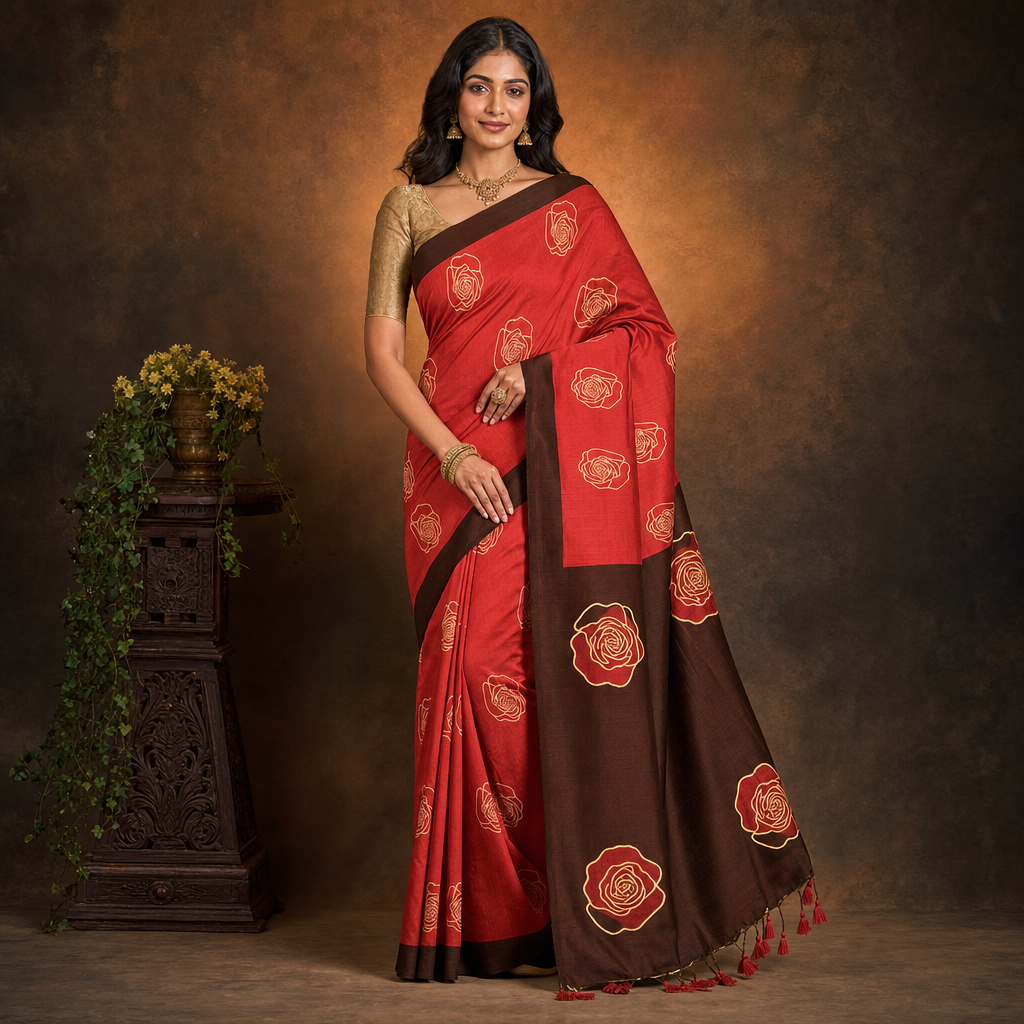 Red and Brown Fancy Cotton Saree with Rose Motif Print