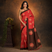 Red and Brown Fancy Cotton Saree with Rose Motif Print