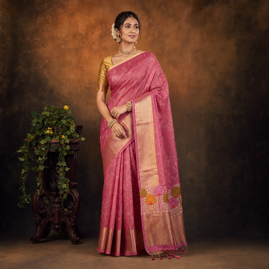 Pink Tissue Embroidery Fancy Saree with Floral Border