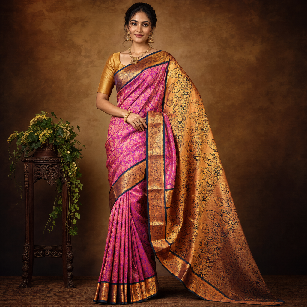Magenta and Orange Art Silk Saree with Zari Border