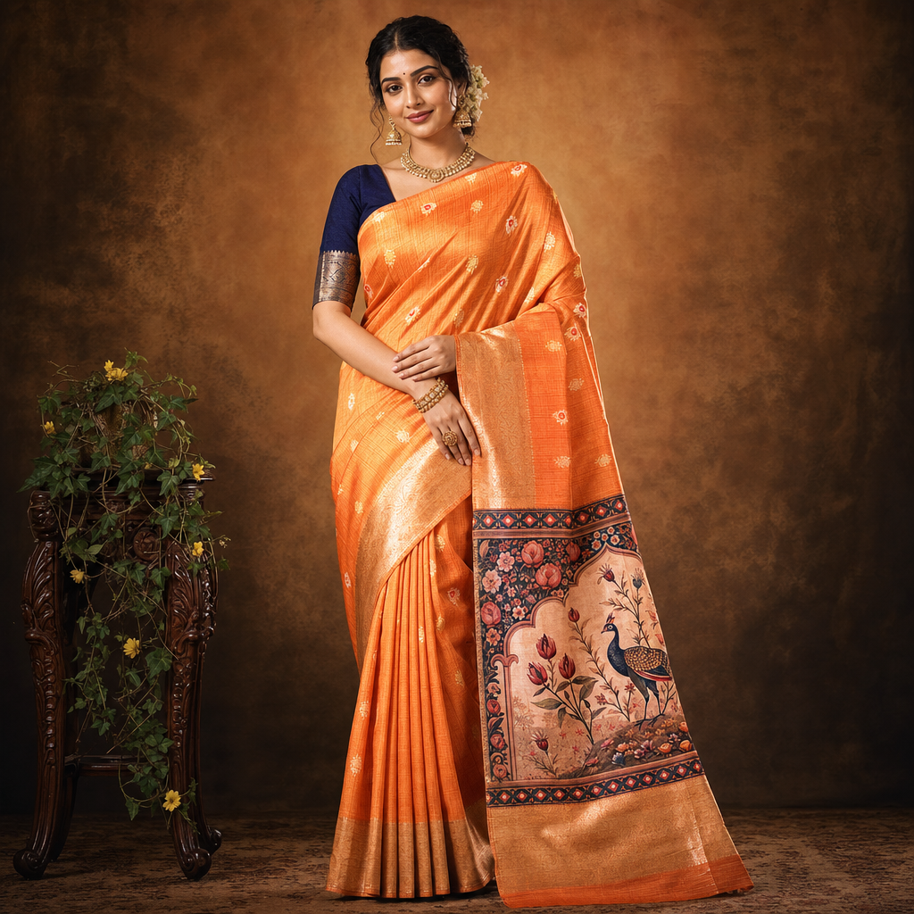 Orange Art Silk Saree with Peacock Printed Pallu