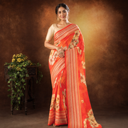 Red Floral Printed Creap Saree with Striped Border