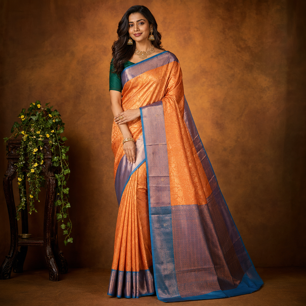 Orange and Teal Silk Cotton Butta Saree