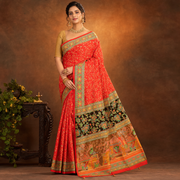 Red Printed Cotton Saree with Temple Border and Pallu Art