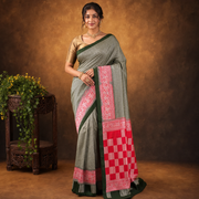 Green and Pink Soft Silk Saree with Check Body and Zari Border