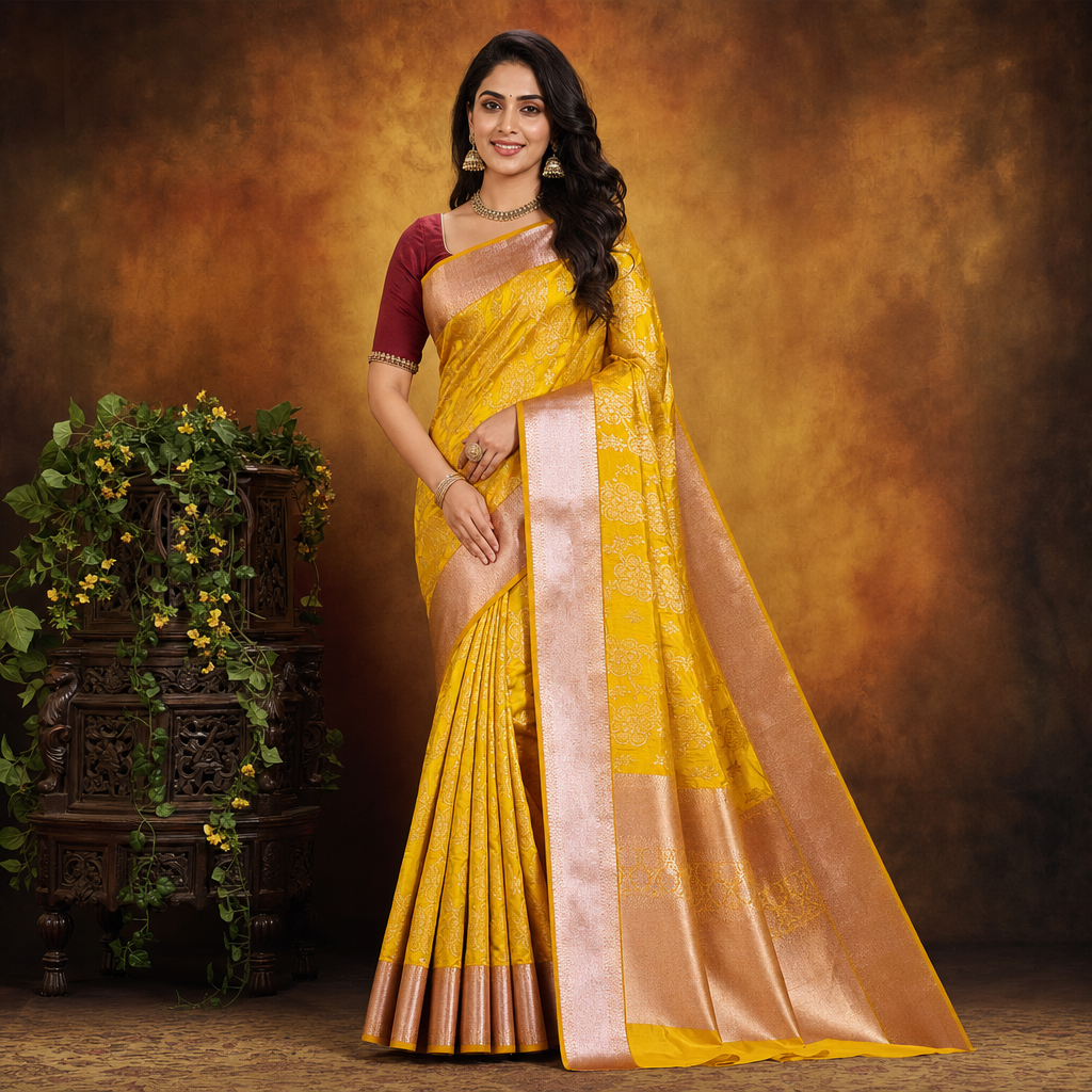 Yellow Art Silk Pattu Saree with Floral Jacquard Design