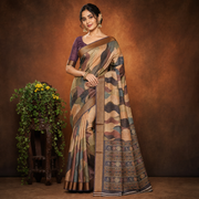 Beige Multicolor Fancy Print Synthetic Saree with Zari Border