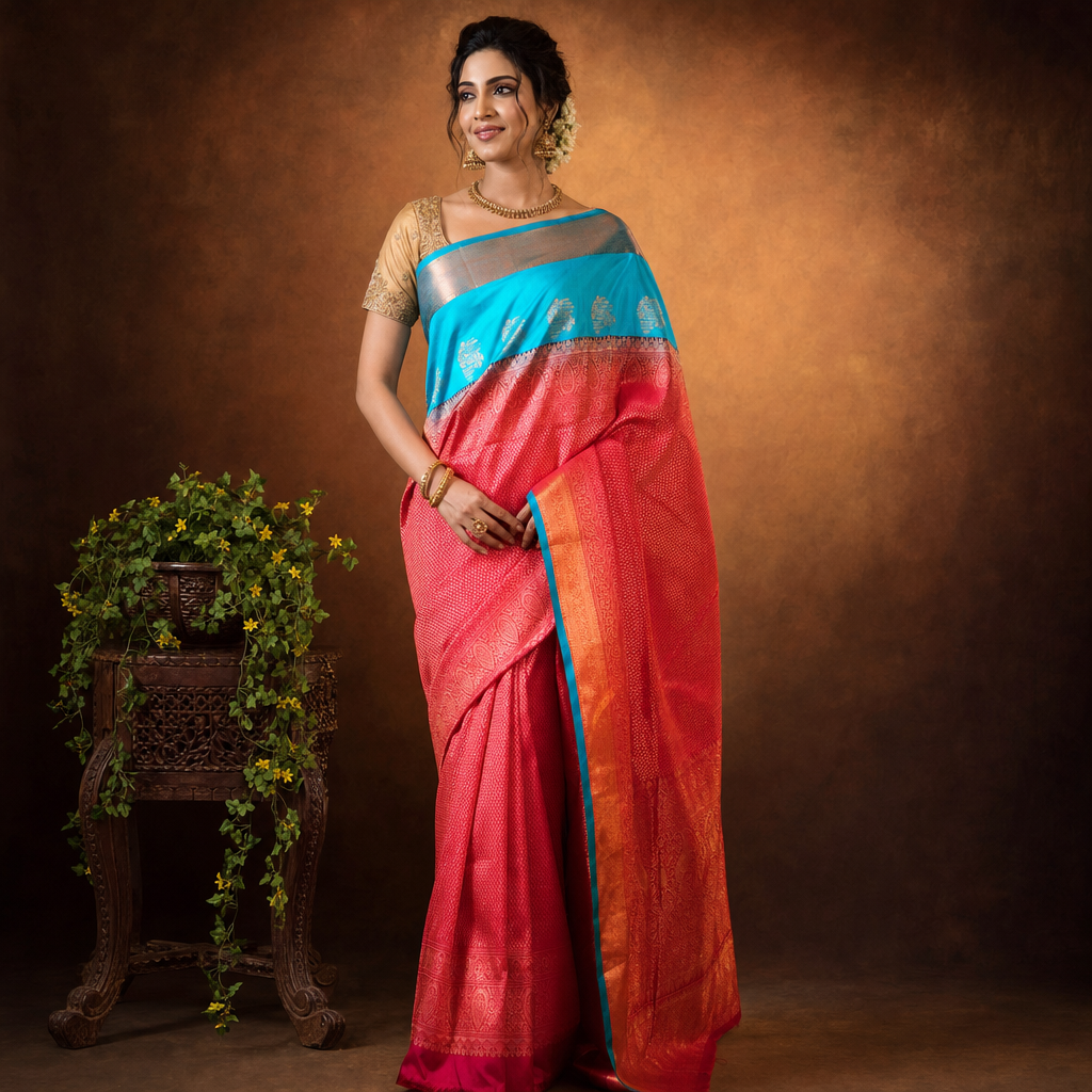 Turquoise Blue and Pink Semi Silk Saree with Rich Zari Border