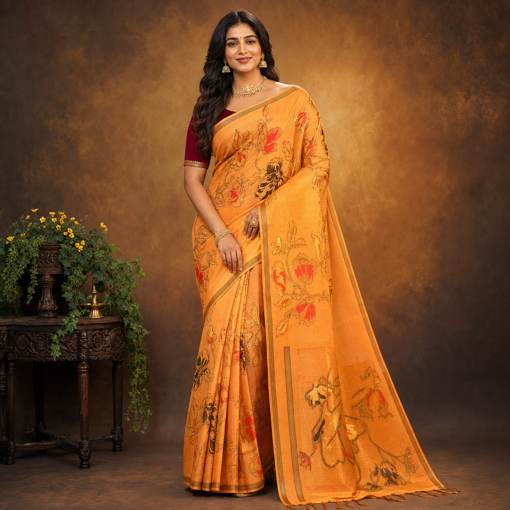 Orange Floral Printed Fancy Saree