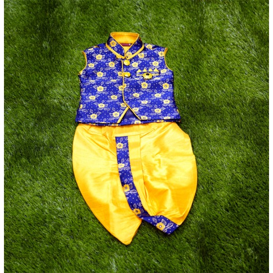 Yellow with pepsi blue color boys panchakacham set