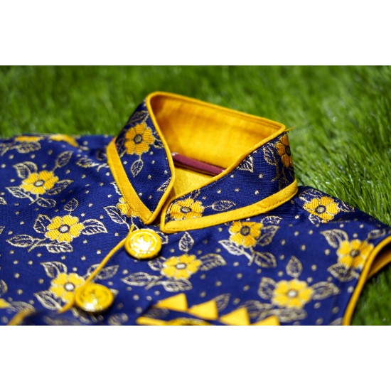 Yellow with pepsi blue color boys panchakacham set