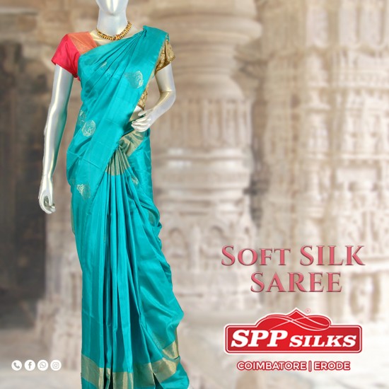 Cyan with Peapock pattern soft silk saree