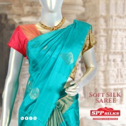Cyan with Peapock pattern soft silk saree
