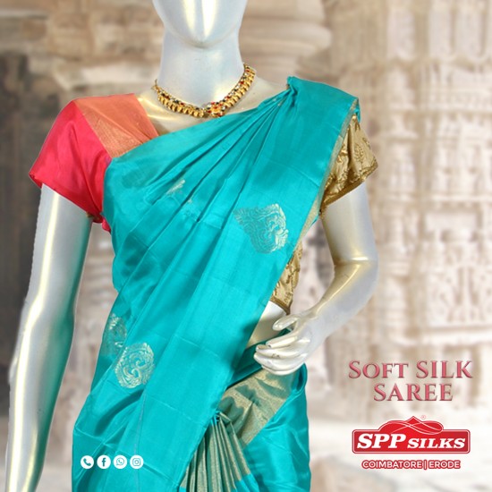Cyan with Peapock pattern soft silk saree