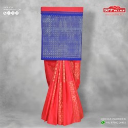 Scarlet red and cobalt blue silk saree