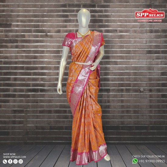 Orange with pink and silver border saree