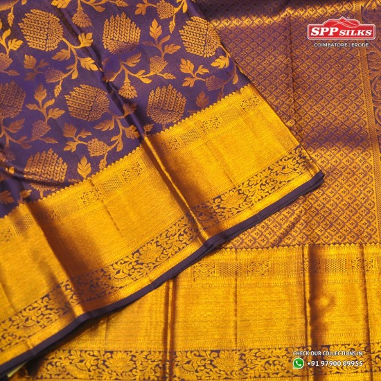 Silver and Dark Purple Muthu Zari Pure Kanchipuram Silk Saree– Clio Silks