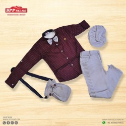 Maroon shirt and grey pants