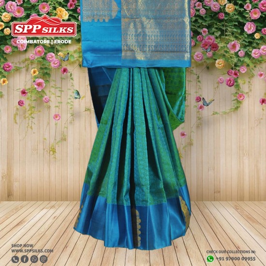  Blue and green handwoven Kanchipuram silk saree
