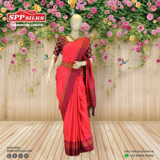 crimson red  handwoven cotton saree