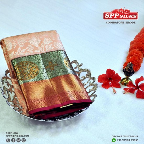  Peach handwoven Kanchipuram silk sarees